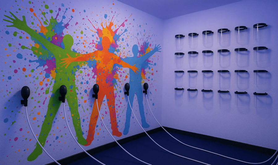 Empty room with coloured splashes (green, orange and blue) with human shapes on the wall.